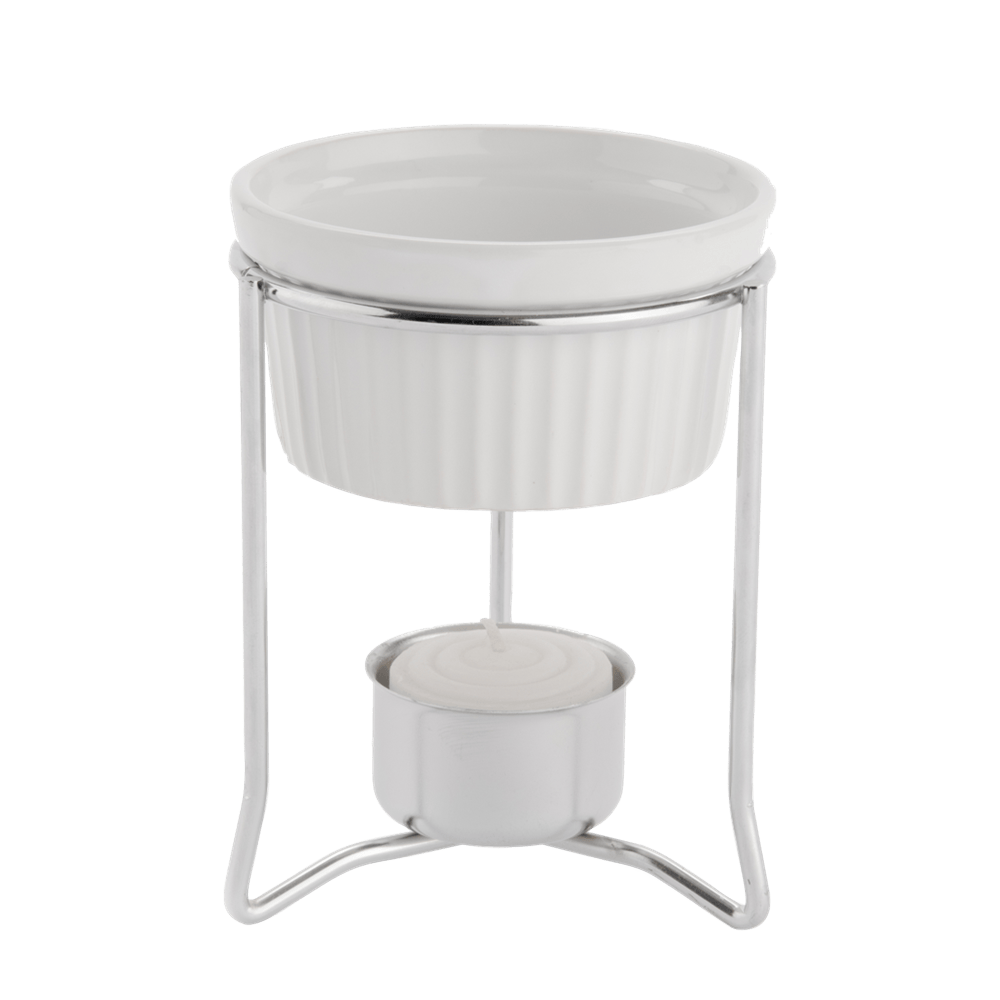 Browne 575767 Butter Warmer Set - 4 oz Stoneware Pot with Chrome Plated Frame | Denson CFE