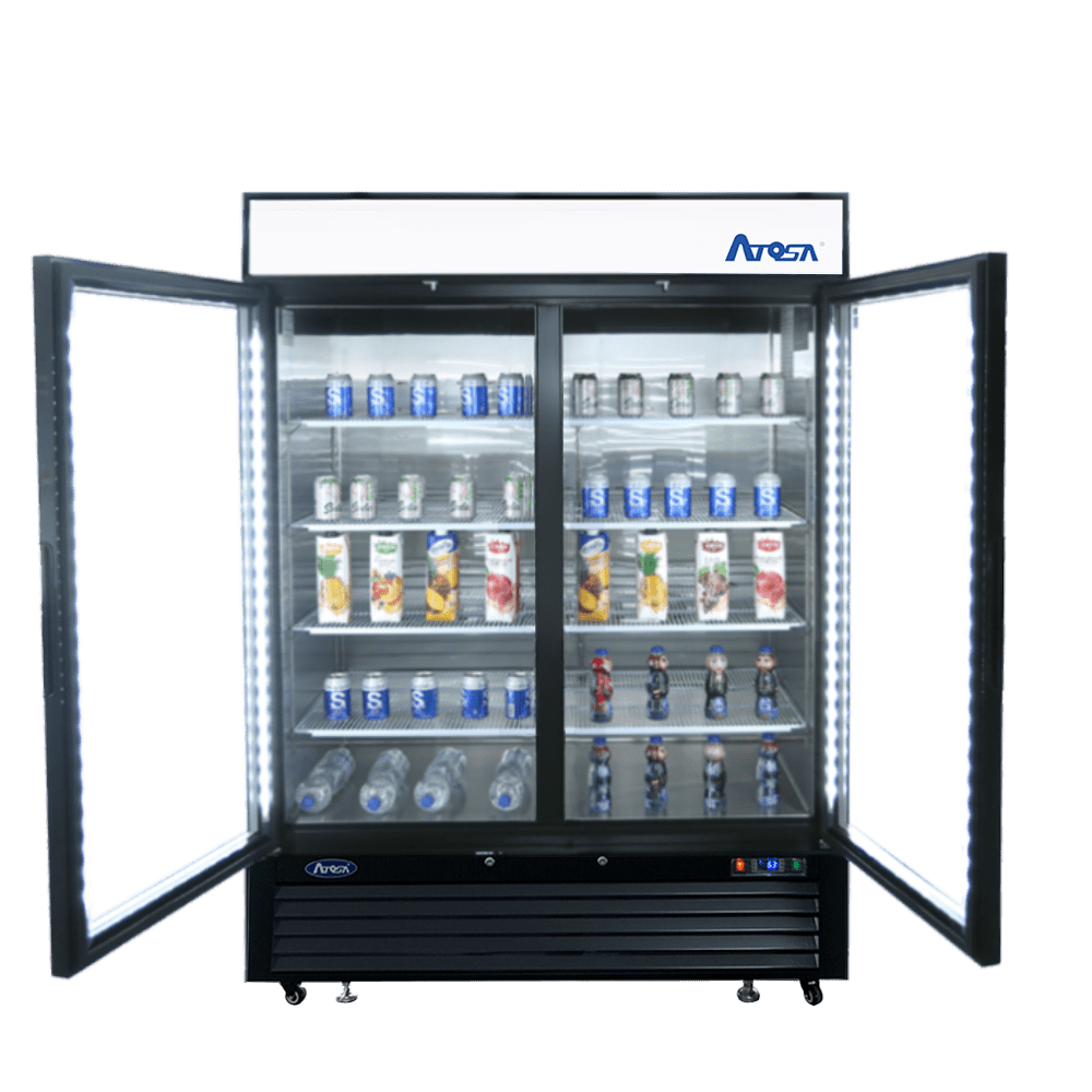 Atosa Catering Equipment Merchandising and Display Refrigeration Each Atosa MCF8727GR Black Exterior 2-Sliding Glass Door Merchandiser Refrigerator 81" | Denson CFE