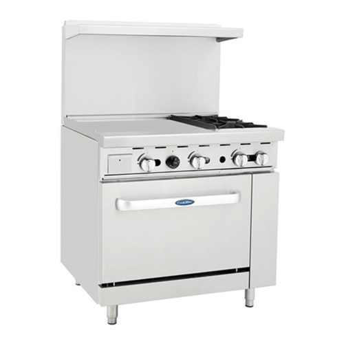 Atosa Commercial Restaurant Ranges Each Atosa AGR-2B24GL 36" Gas 3-Burner Range With 24" Left Hand Griddle Top – 136,000 BTU | Denson CFE