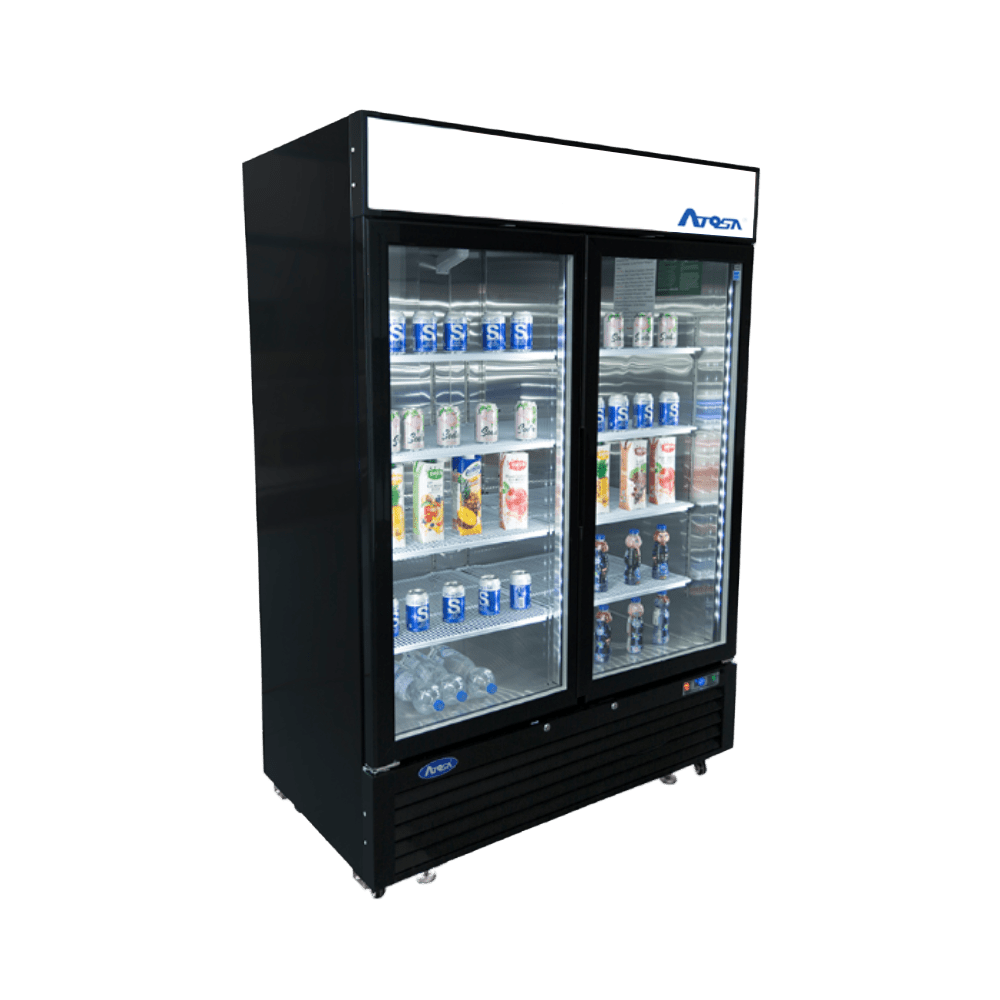 Atosa Merchandising and Display Refrigeration Each Atosa MCF8727GR Black Exterior 2-Sliding Glass Door Merchandiser Refrigerator 81" | Denson CFE