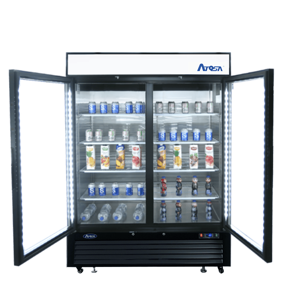 Atosa Merchandising and Display Refrigeration Each Atosa MCF8727GR Two Section Sliding Glass Door Merchandiser Refrigerator - 44.9 cu ft, Black Steel | Denson CFE
