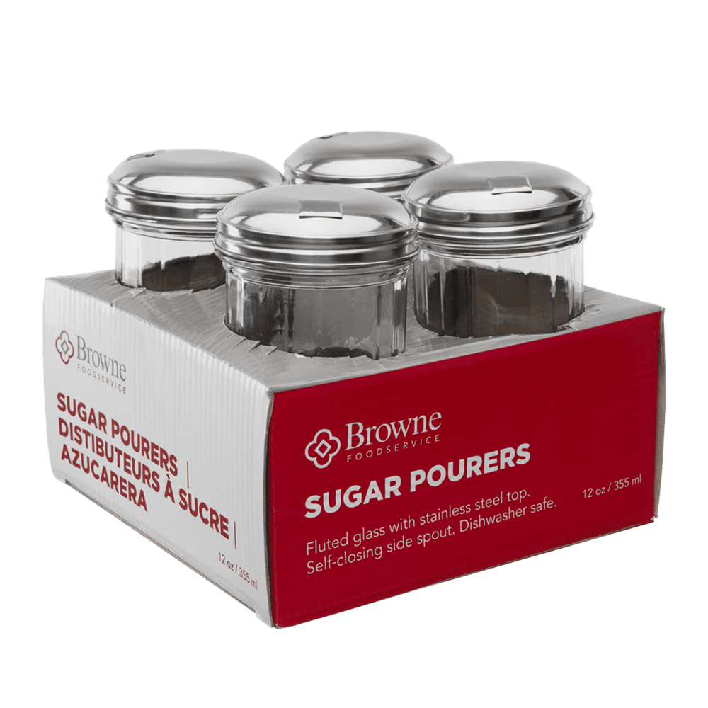 Browne Canada Foodservice Condiments Etc Set Browne 575228 Sugar Pourer Side-Flap 12oz 355ml Glass with Stainless Steel Top Set of 4 | Denson CFE