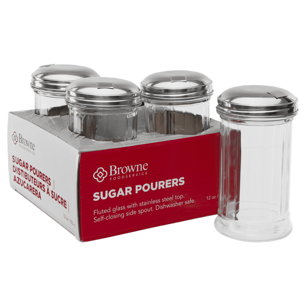 Browne Canada Foodservice Condiments Etc Set Browne 575228 Sugar Pourer Side-Flap 12oz 355ml Glass with Stainless Steel Top Set of 4 | Denson CFE