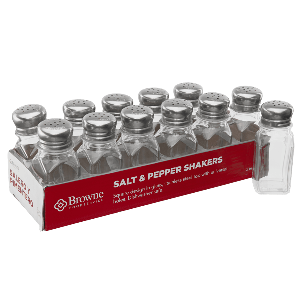 Browne Canada Foodservice Pepper Spice Set Browne 575222 S&P Shaker Square 2oz 60ml Glass with Stainless Steel Top Set of 12 | Denson CFE