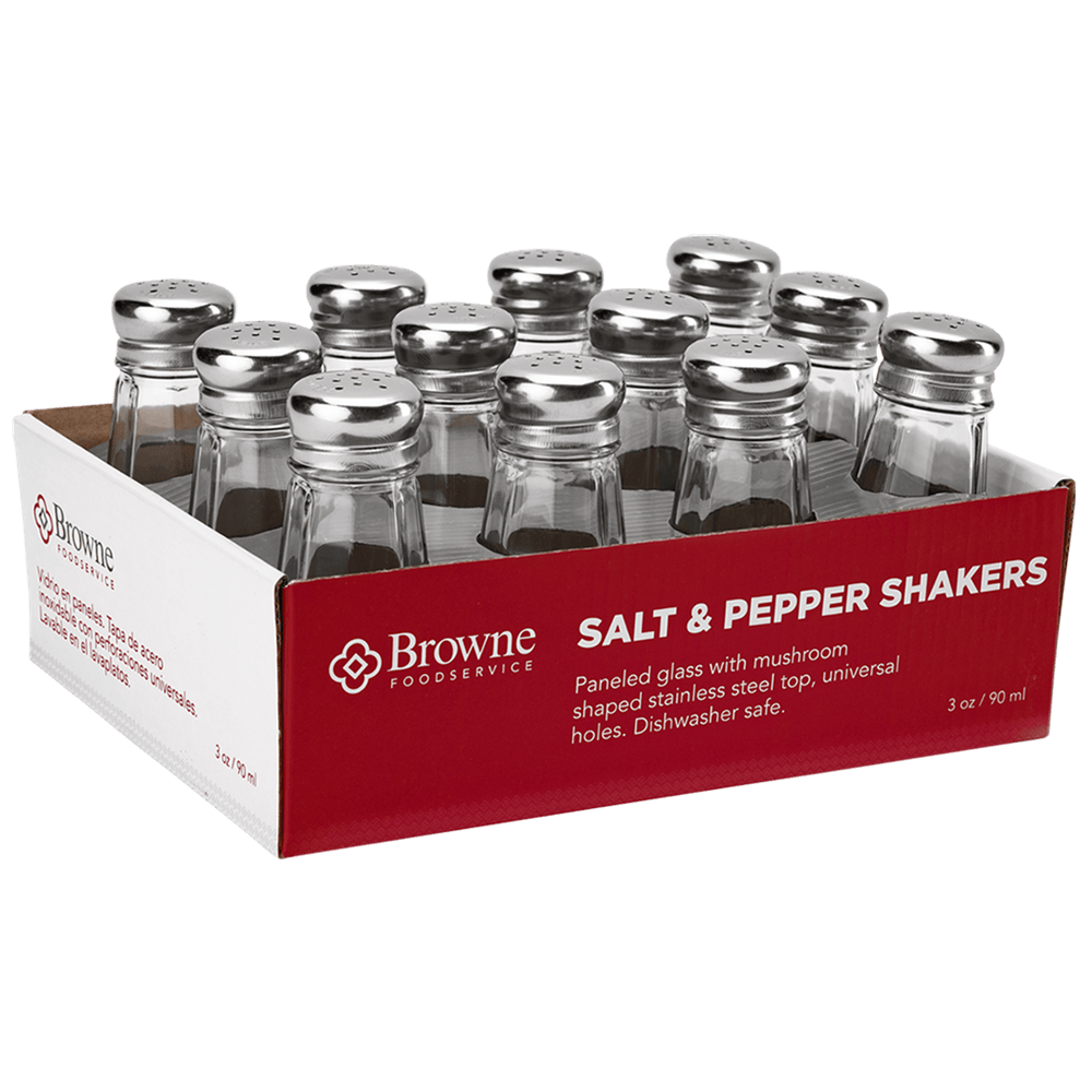 Browne Canada Foodservice Pepper Spice Set Browne 575223 S&P Shaker 3oz 90ml Glass with Stainless Steel Top Set of 12 | Denson CFE