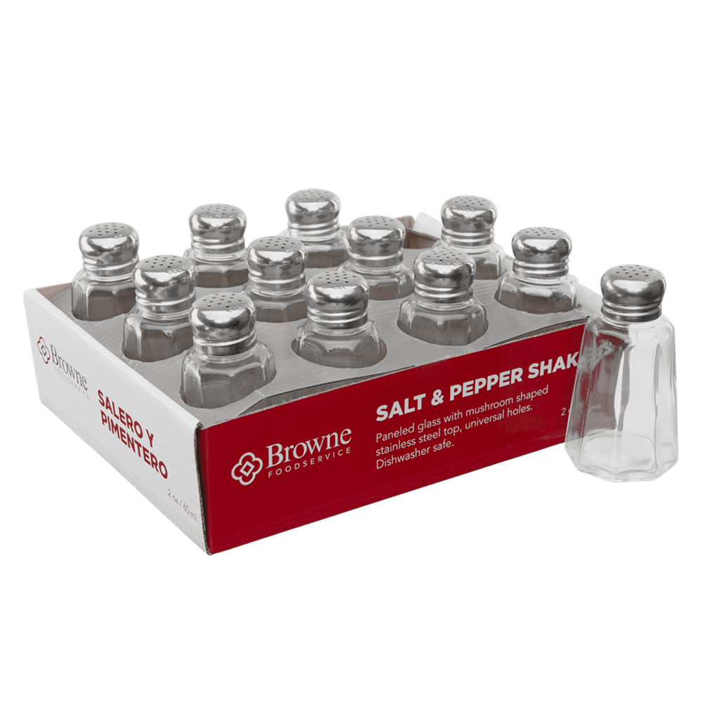 Browne Canada Foodservice Pepper Spice Set Browne 575232 S&P Shaker 2oz 60ml Glass with Stainless Steel Top Set of 12 | Denson CFE