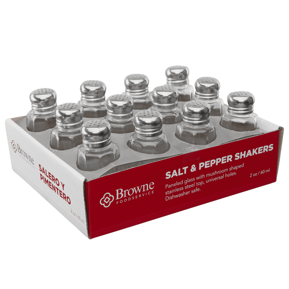 Browne Canada Foodservice Pepper Spice Set Browne 575232 S&P Shaker 2oz 60ml Glass with Stainless Steel Top Set of 12 | Denson CFE