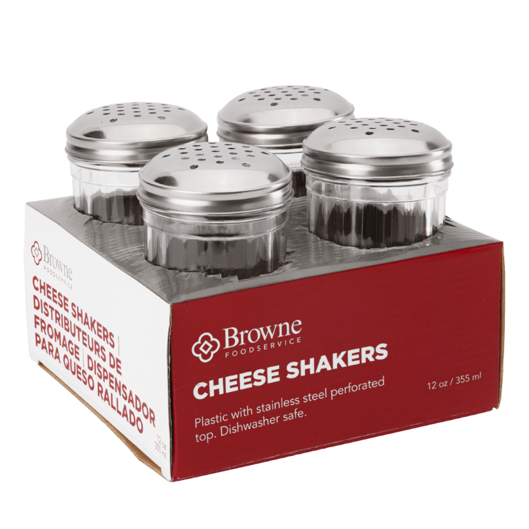 Browne Canada Foodservice Tabletop Set Browne 575233 Cheese Shaker 12oz 355ml Plastic with Stainless Steel Top Set of 4 | Denson CFE