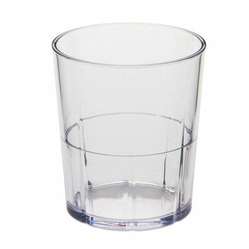 Cambro Drinkware Each / Clear Cambro LDT9152 Lido Tumbler, 9 oz., top dia. 3-3/16", 3-11/16"H, impact resistant plastic, interior stacking ring, dishwasher safe, SAN, clear, NSF