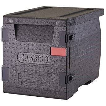 Cambro Food Holding & Warming Each / Black Cambro EPP300110 Black 17 1/4" Wide 18 7/10" High Front-Loading EPP Polypropylene Stackable Cam GoBox Insulated Food Pan Carrier For 3 Full-Size 4" Deep Pans