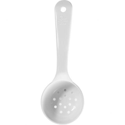 Carlisle Kitchen Tools Each Carlisle 492702 White 3 oz Measure Miser Plastic Perforated-Bottom Round Portion-Control Spoon with Hanging Hole Handle | Denson CFE