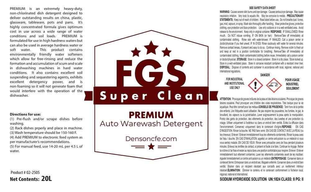 FGS Superclean Cleaning Chemicals Pail FGS Superclean L2212-020 Perform 100 Commercial Dish Detergent 20 Litre | Denson CFE