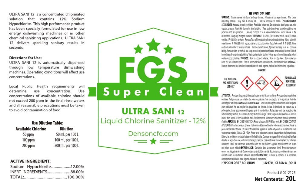 FGS Superclean Unclassified 20L Pail FGS Superclean CHLOROGUARD 12 (12% SODIUM HYPOCHLORITE SANITIZER) 20 Litre L1125-020