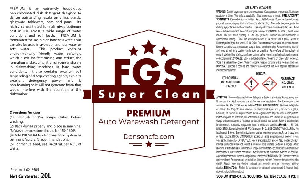 FGS Superclean Unclassified 20L Pail FGS Superclean L2212-020 Perform 100 Commercial Dish Detergent 20 Litre