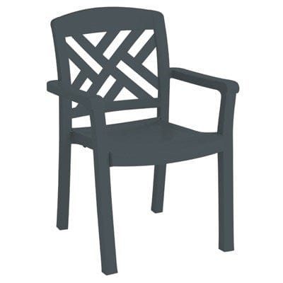 Grosfillex Unclassified Each Sanibel Classic Stacking Dining Armchair, designed for outdoor use, Rexform® resin with synthetic wood texture finish, charcoal, Made in USA (priced per each, packed 12 each per case)