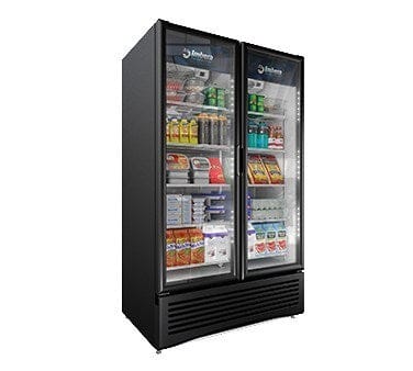 Imbera Merchandising and Display Refrigeration Each Refrigerated Merchandiser, two-section, 38.46 cu. ft. capacity, (10) shelves, black painted steel exterior, white interior, (2) hinged glass doors