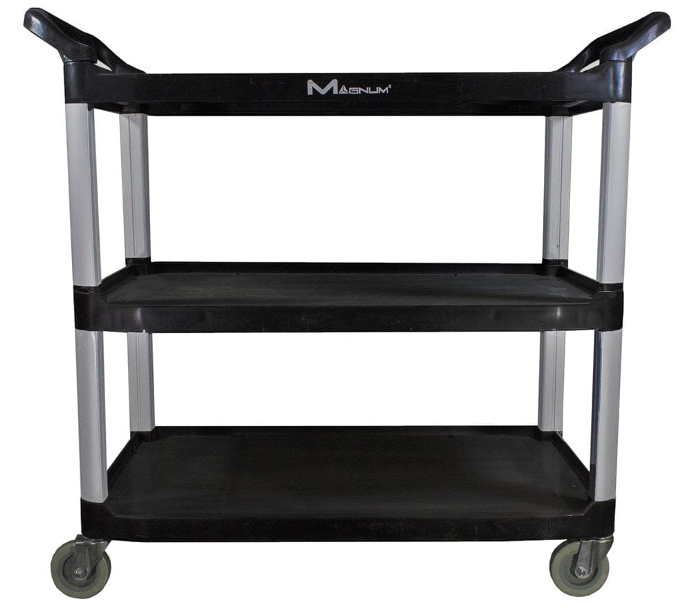 Magnum Storage & Transport Each Magnum MAG45010  Bus Cart, large, 595 lb. weight capacity, 42"W x 20"D x 37"H, 3-tier, open design, dual sided push handles, 5" heavy-duty swivel casters, black