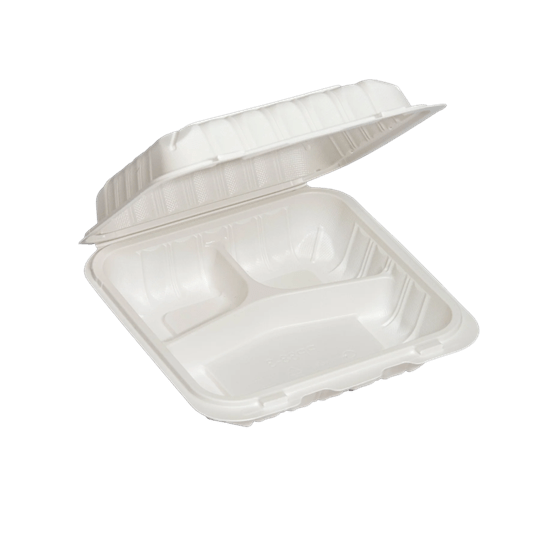 Mark's Choice Essentials Case of 150 Mark's Choice MFPP Take-Out Container - 9 inch x 9.25 inch x 3 inch, 3-Compartment, White - PC1993-MC | 150 per Case | Denson CFE