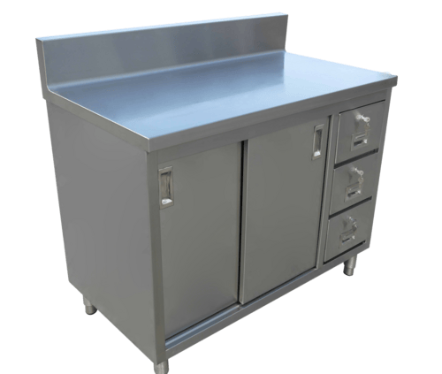 Omcan Canada Commercial Work Tables and Stations Each Omcan 43483 Stainless Steel Work Table with Cabinet Base, Sliding Doors & Drawers | Denson CFE
