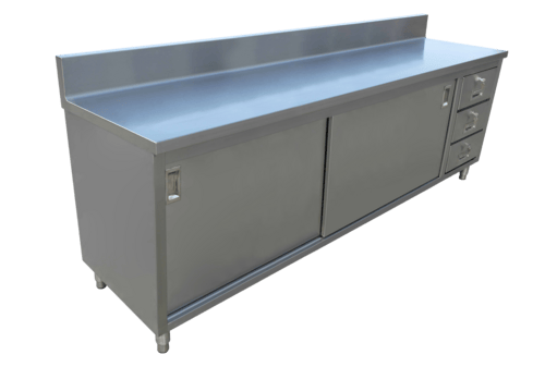 Omcan Canada Commercial Work Tables and Stations Each Omcan 43485 72″ x 24″ Worktable with Cabinet, Drawers, and Sliding Doors | Denson CFE