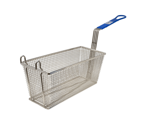 Omcan Canada Fryer Accessories Each Omcan 11366 13 1/4″ x 5 7/8″ x 5 5/8″ Nickel-Plated Iron Fryer Basket with Blue Handle | Denson CFE