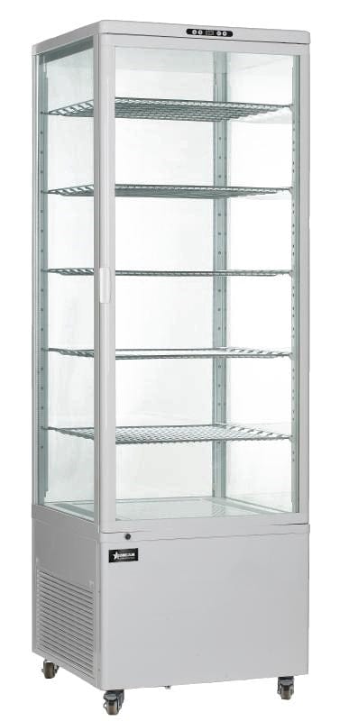 Omcan Canada Merchandising and Display Refrigeration Each Omcan 34874 26″ Refrigerated Floor Display Showcase with 4-Sided Glass and White Exterior, 17.65cu.ft. / 500L Capacity – 110V, 3600W | Denson CFE
