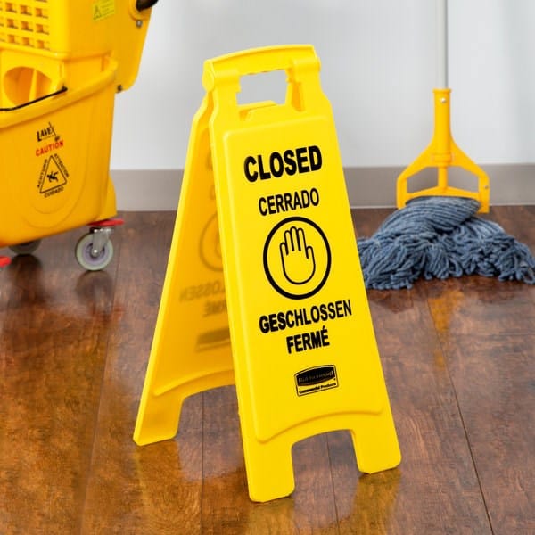 Rubbermaid Canada-MDS Essentials Each / Yellow Rubbermaid FG611278 YEL Multi-Lingual Floor Closed Sign - 2 Sided, Yellow | Denson CFE
