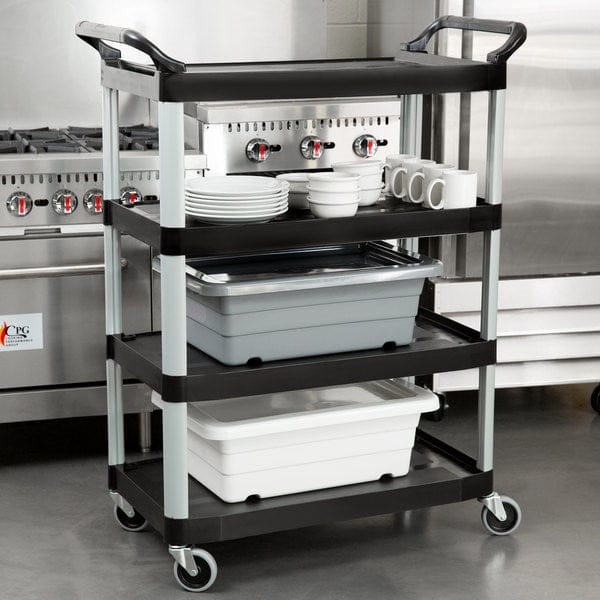 Rubbermaid Canada-MDS Food Service Supplies Each Rubbermaid FG409600BLA 4 Level Polymer Utility Cart with 300 lb Capacity, Raised Ledges | Denson CFE