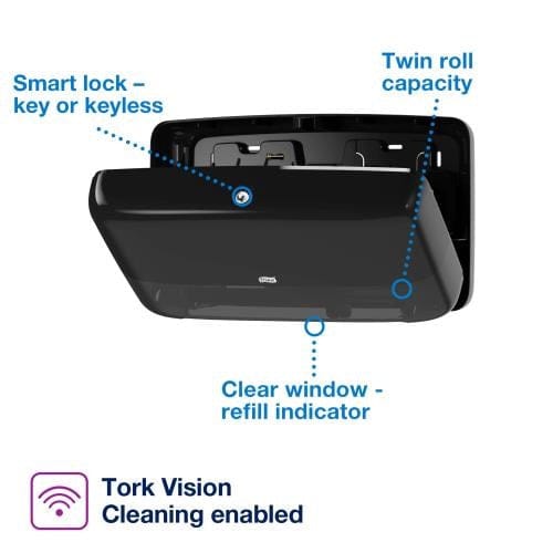 Tork Unclassified Each Tork 5555290 Twin Mini Jumbo Toilet Paper Roll Dispenser – Black (T2 System) | Denson CFE