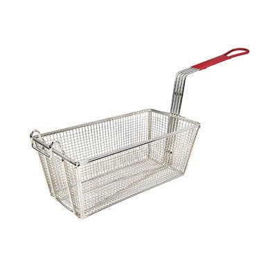 Winco Commercial Fryers Each / Red Winco FB-25 Nickel Plated 12-7/8" x 6-1/2" Rectangular Fry Basket with Red Handle