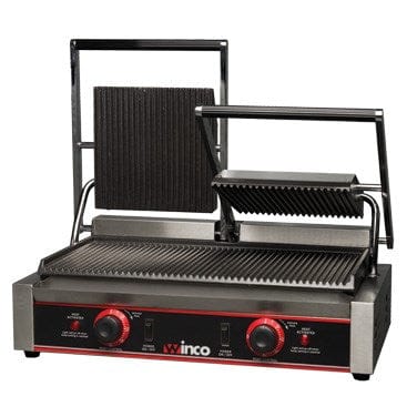 Winco Countertop Equipment Set Winco EPG-2 Italian Style Electric Double Panini Grill with Ribbed Plates 120V | Denson CFE