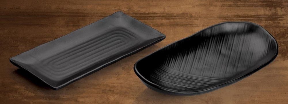 Winco Dinnerware Case / Melamine / Black Winco WDM016-301 Ardesia Konno Melamine Rectangular Plate Black 11-3/8 x 5-1/2 inches Pack of 24 | Denson CFE