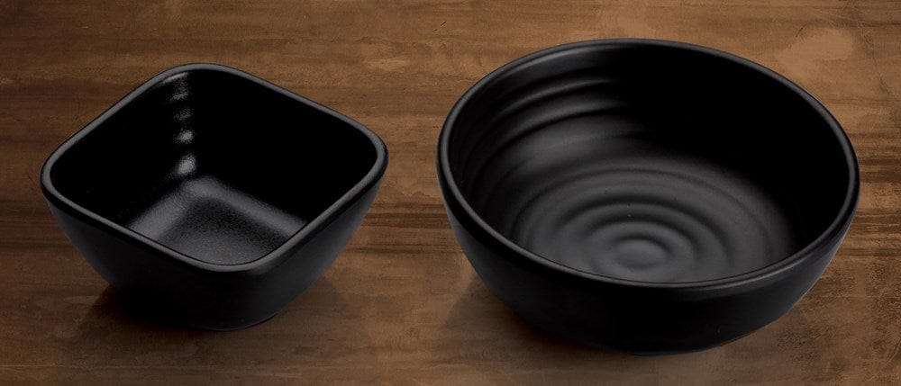 Winco Dinnerware Case / Melamine / Black Winco WDM017301 Ardesia Haruki Black Melamine Square Dish 2 5/8 Inch 2 Ounce Break Resistant Dishwasher Safe | Denson CFE