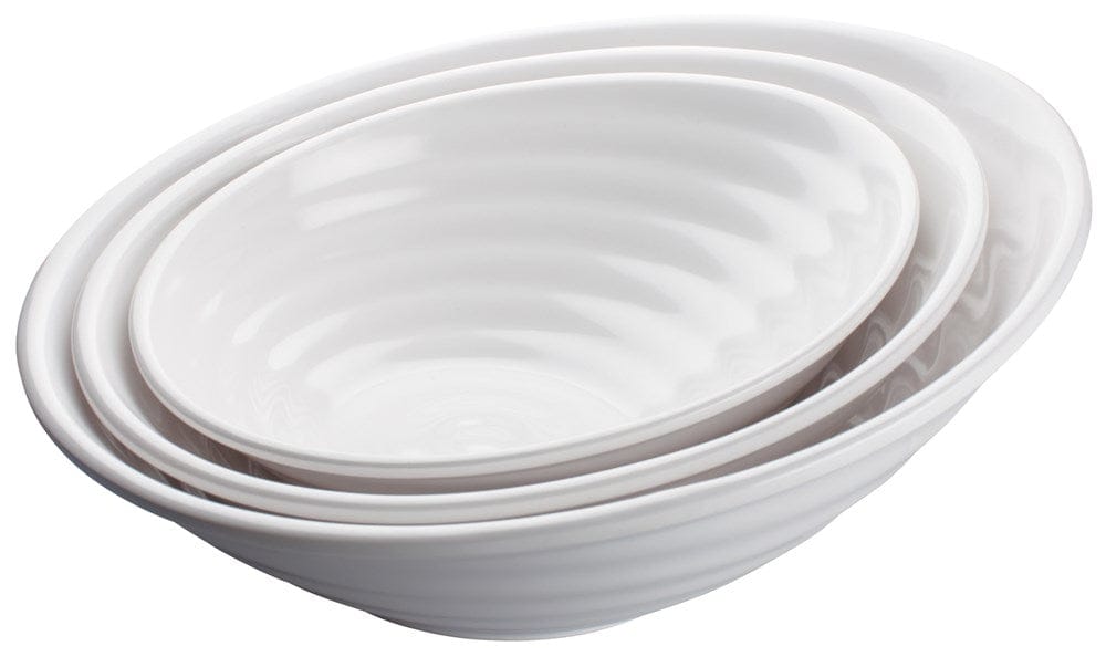 Winco Dinnerware Case / Melamine / White Winco WDM003-203 Ardesia Hailey 16 Inch Diameter Melamine Angle Bowl White Break Resistant Set of Six | Denson CFE