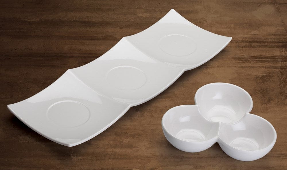 Winco Dinnerware Case / Melamine / White Winco WDM006-202 Akila 7 Inch White Melamine Three Compartment Trio Bowl | Denson CFE