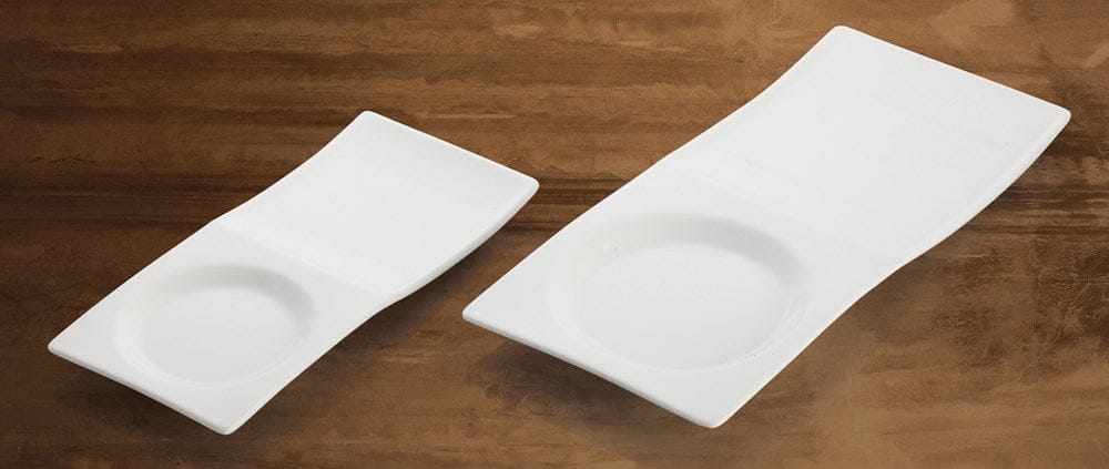 Winco Dinnerware Case / Porcelain / White Winco WDP012-101 Tenora Bright White Rectangular Porcelain Tray with Circular Well | Denson CFE