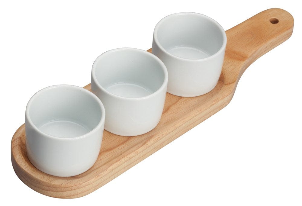 Winco Dinnerware Case / Porcelain / White Winco WDP015-103 Trio Bowl Set with Wooden Plate in Bright White | Denson CFE