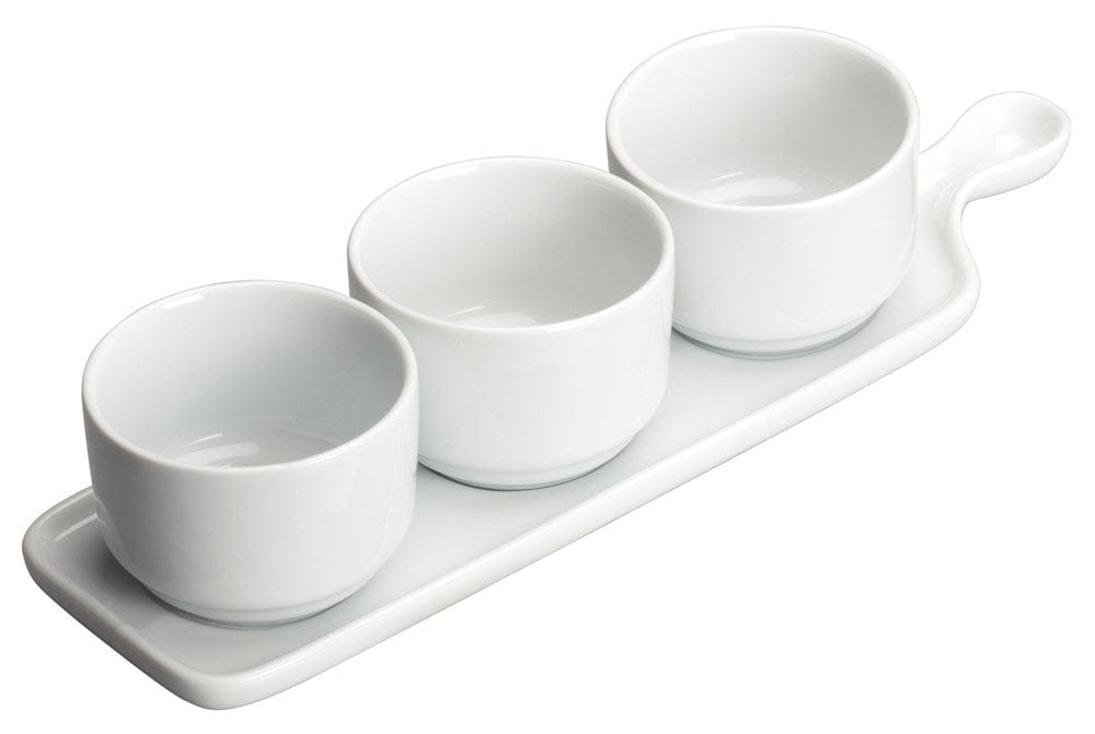 Winco Dinnerware Case / Porcelain / White Winco WDP016-101 Newry Porcelain Trio Tapas Bowl Set with Sleek Plate Base Bright White | Denson CFE