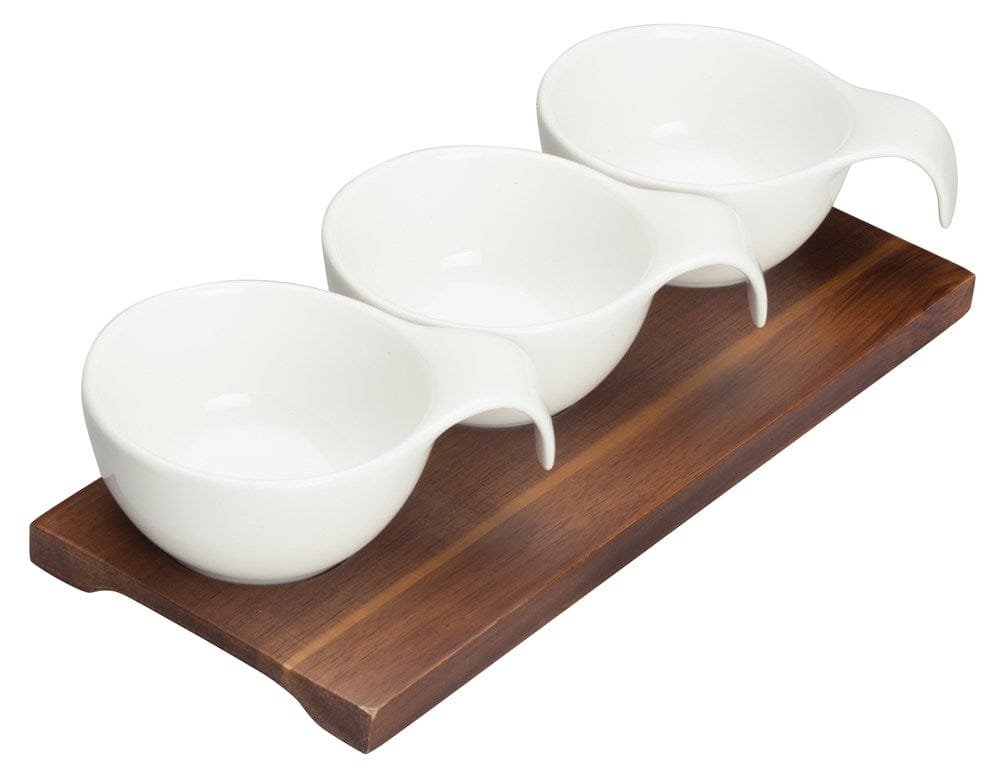 Winco Dinnerware Case / Porcelain Winco WDP015-102 Newry Porcelain Trio Bowl Set with Wooden Plate for Elegant Dining | Denson CFE