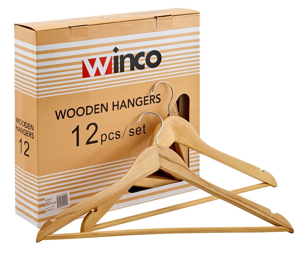 Winco Essentials Dozen Winco WCH-1 Wooden Coat Hanger with Swivel Metal Hook Maple Hardwood | Denson CFE