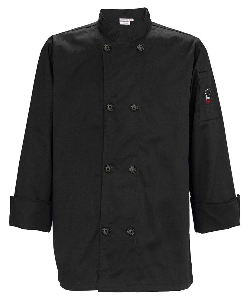 Winco Essentials Each / 2 XL / Black Winco UNF-6K Black Signature Chef Men's Tapered Fit Poly/Cotton Double Breasted Chef Jacket With Thermometer/Pen Pocket