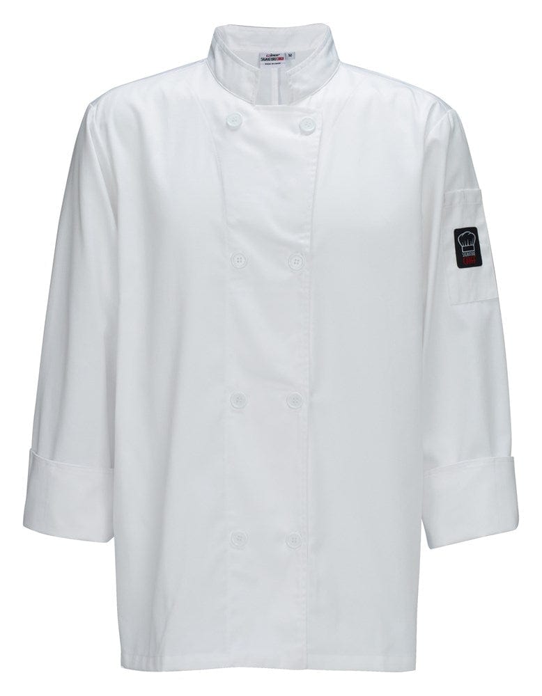 Winco Essentials Each / M / White Winco UNF-6W White Signature Chef Men's Tapered Fit Poly/Cotton Double Breasted Chef Jacket With Thermometer/Pen Pocket