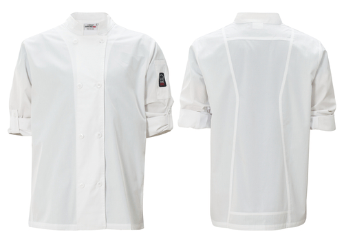 Winco Essentials Each / S / White Winco UNF-12WS Signature Chef Jacket Tapered Fit Ventilated Roll-Tab Long Sleeve Thermometer Pocket Mesh Panel | Denson CFE