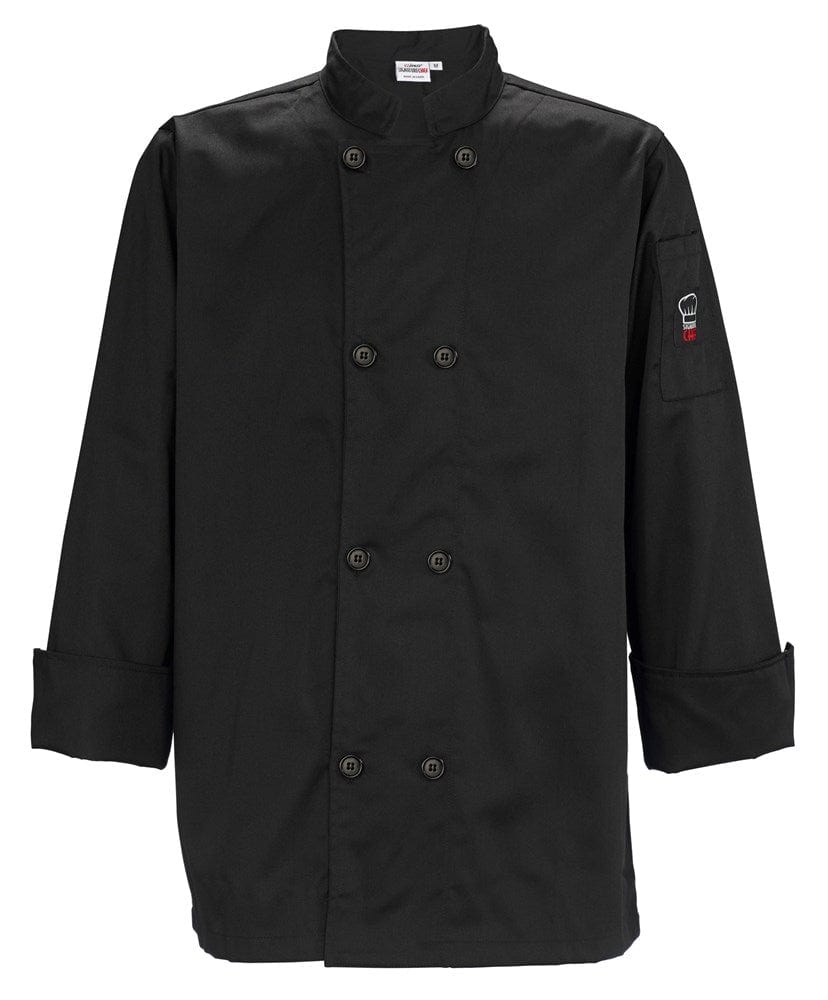 Winco Essentials Each / Small / Black Winco UNF-6K Black Signature Chef Men's Tapered Fit Poly/Cotton Double Breasted Chef Jacket With Thermometer/Pen Pocket