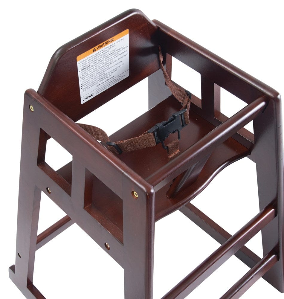 Winco Essentials Each Winco CHH-103A Mahogany Wood High Chair with Buckle Strap and Stackable Design | Denson CFE