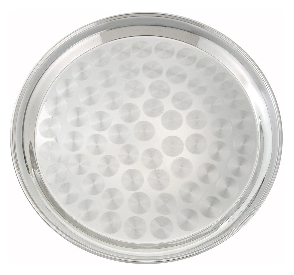Winco Essentials Each Winco STRS-14 14 Inch Stainless Steel Round Serving Tray with Elegant Swirl Design | Denson CFE
