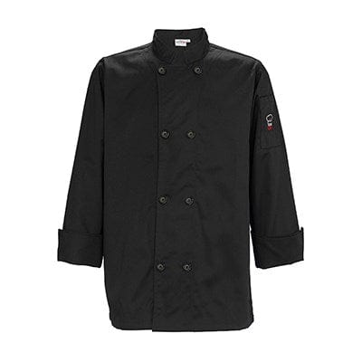 Winco Essentials Each / XL / Black Winco UNF-6K Black Signature Chef Men's Tapered Fit Poly/Cotton Double Breasted Chef Jacket With Thermometer/Pen Pocket