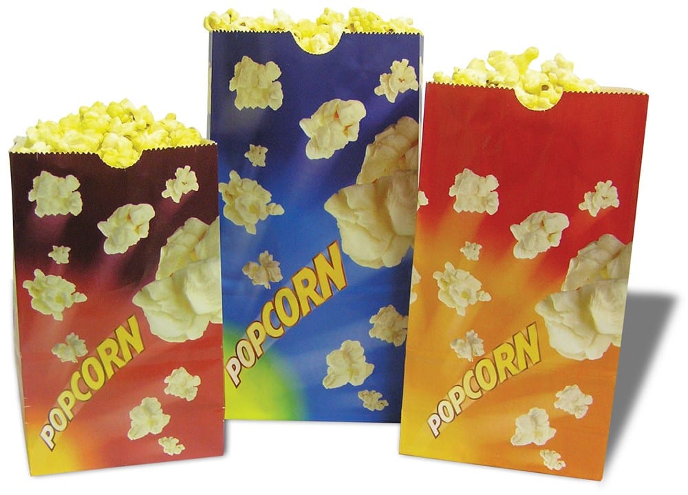 Winco Food and Beverage Pack / Blue Winco Benchmark 41285 Popcorn Butter Bags 85 Ounce Blue Flat Bottom Stand Up Bags | Denson CFE