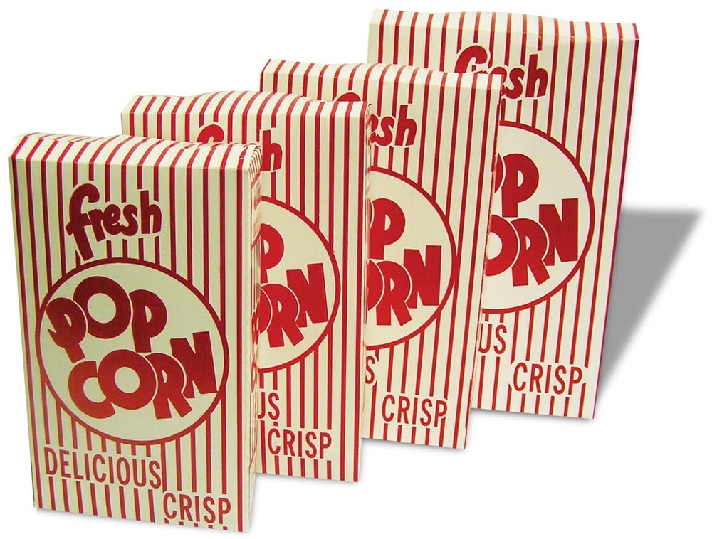 Winco Food and Beverage Pack Winco Benchmark 41557 Closed Top Popcorn Box 0.95 Ounce Classic Red and White Stripes | Denson CFE