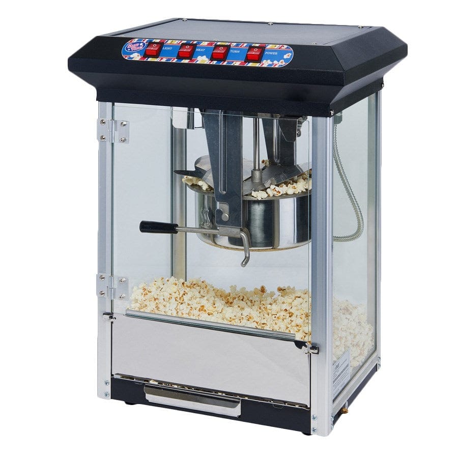 Winco Food and Beverage Set / Black Winco POP-8B ShowTime Electric Popcorn Machine with Stainless Steel Kettle and Built-In Warmer Light | Denson CFE